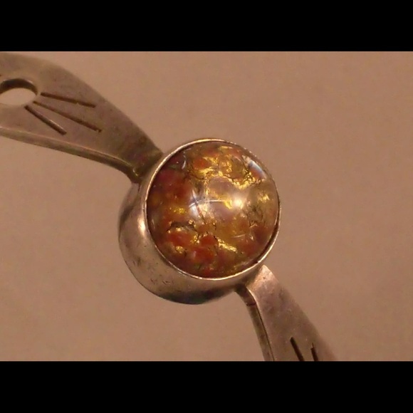 Alicia 925 Mexican Artisan Silver Cuff Bracelet With Orange Colored Stone - Picture 7 of 8